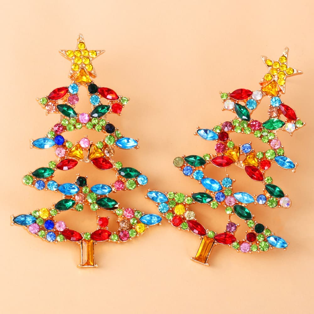 Pendientes de aleación de diamantes de imitación de árbol de Navidad