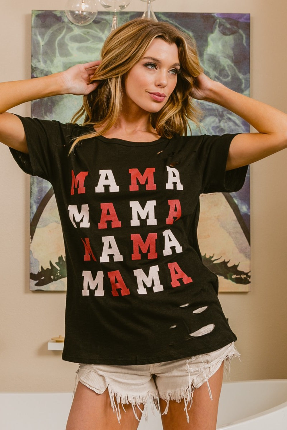 BiBi MAMA Camiseta de manga corta con gráfico desgastado