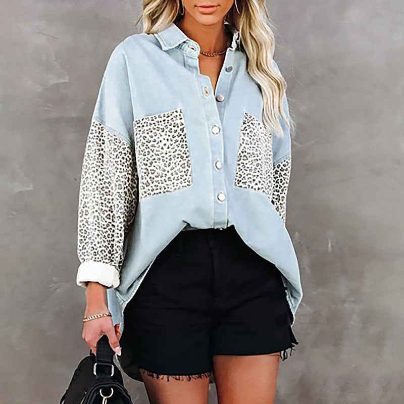 European And American Long-Sleeved Pocket Leopard Print Lapel Cardigan Top