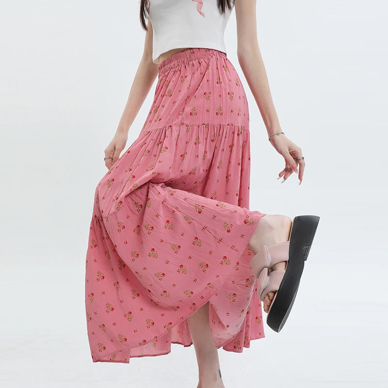 Chiffon Floral Long Dress High Waist Umbrella Skirt A- Line Skirt