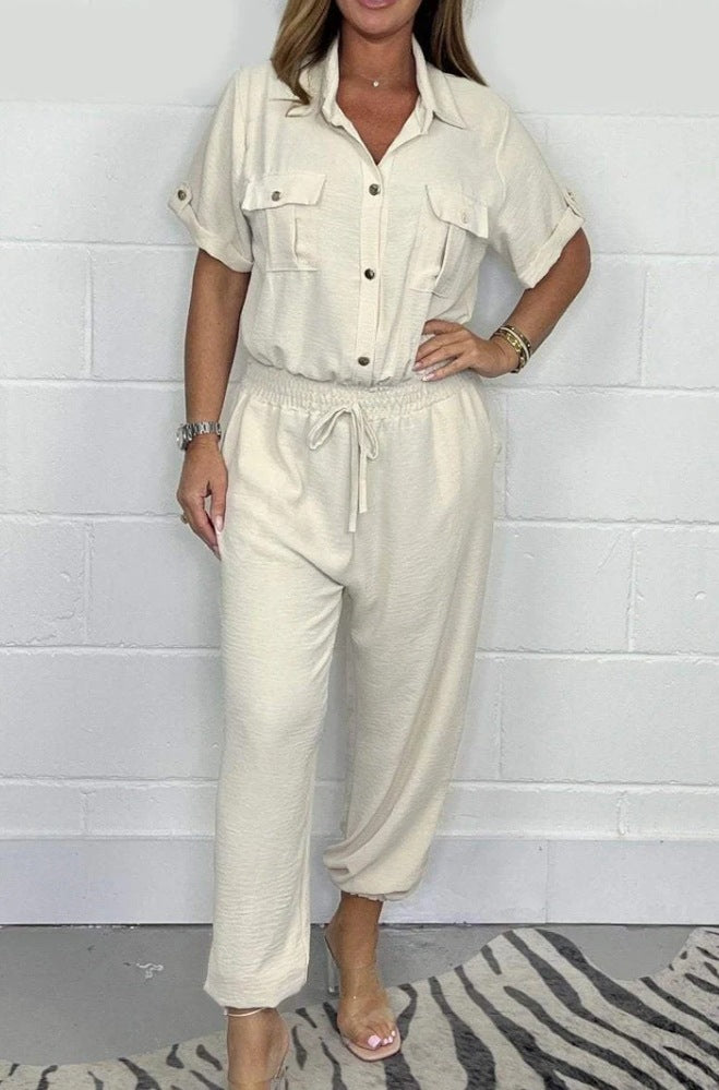 All-matching Solid Color Casual Polo Collar Shirt Wide Leg Jumpsuit For Women