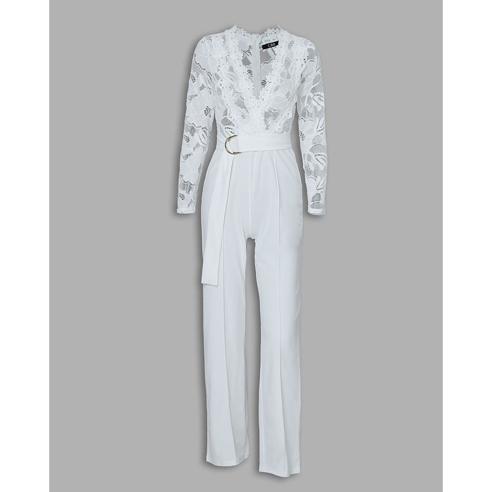 Damen-Jumpsuit mit langen Ärmeln und Spitze in Weiß