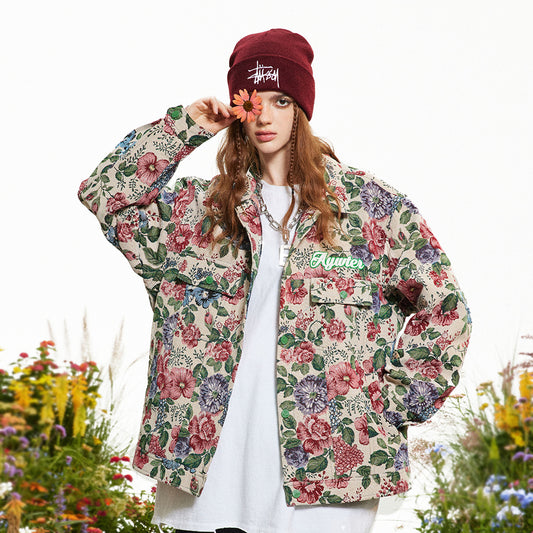 Chaqueta holgada con estampado floral teñido en hilo de estilo retro americano