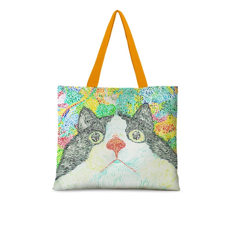 Umhängetasche mit Katzen-Illustration, großes Fassungsvermögen, Canvas-Tasche