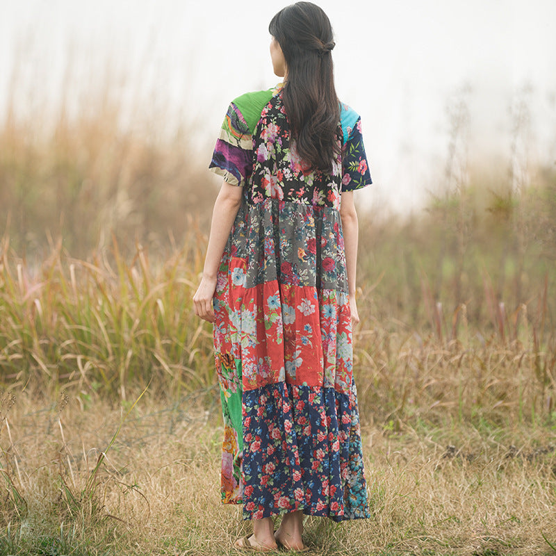 Summer Cotton Printed Ethnic Style Color Contrast Patchwork Pastoral Short Sleeve Dress