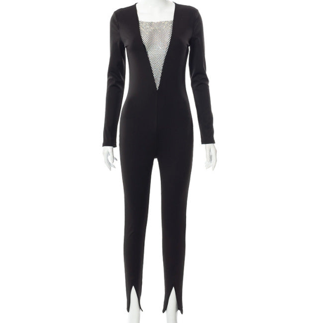 DA5968 Sexy Jumpsuit mit V-Ausschnitt, langen Ärmeln und Schlitz und Diamanten