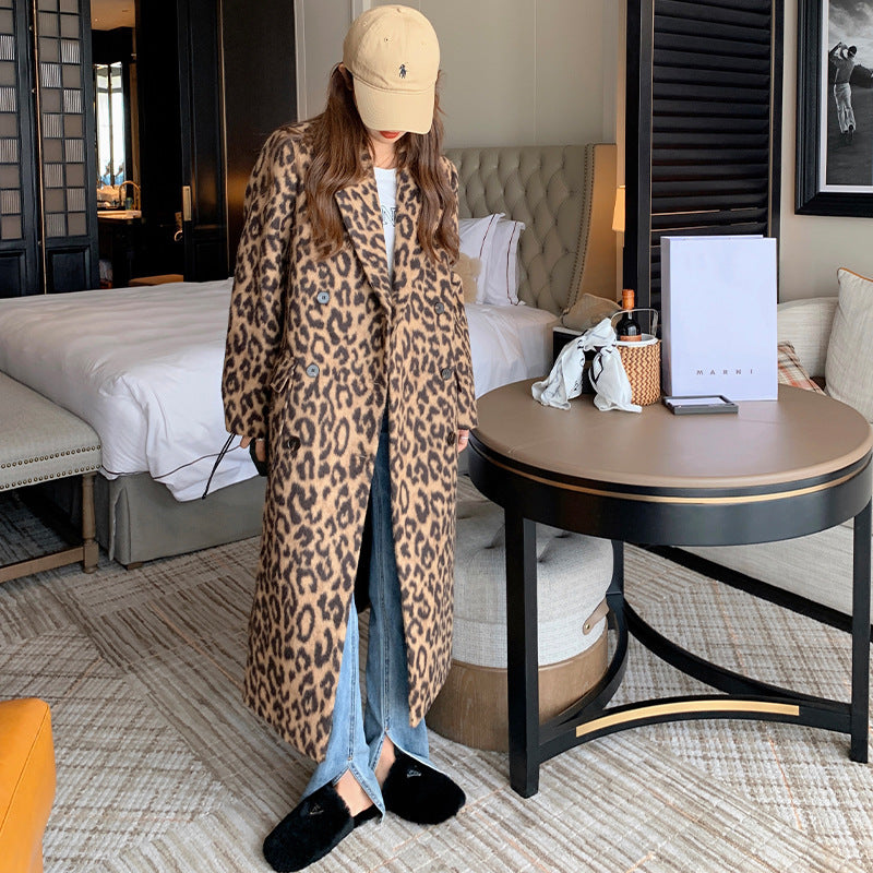 Women's Long Winter Leopard Print Woolen Coat