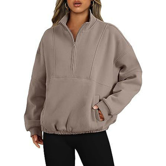 Sweater Sports Casual Women's Zipper Pocket Pullover Stand Collar Long Sleeve Shirt