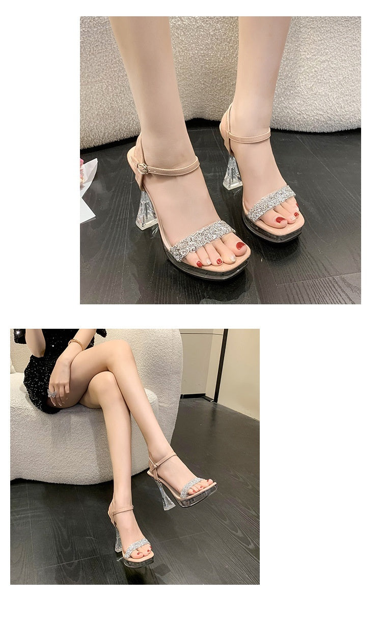 Sandalias casuales de moda con tacón grueso y tacón muy alto con hebilla y correa transparente con diamantes de imitación