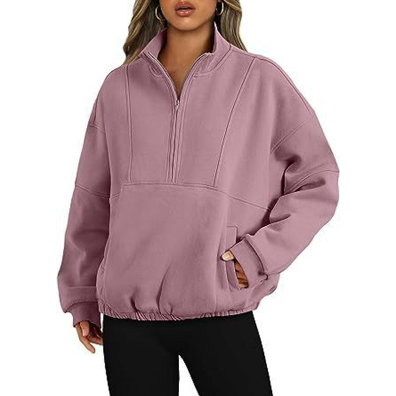 Pullover Sport Casual Damen Reißverschlusstasche Pullover Stehkragen Langarmshirt