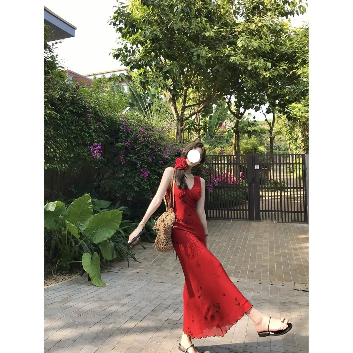 Women's Summer Waist Red V-neck Sling Dress