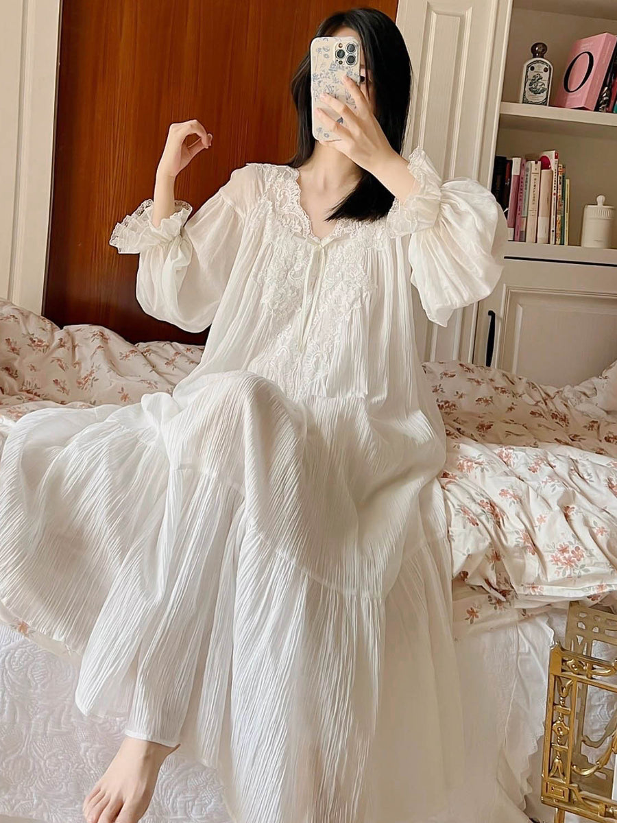 Damen-Morgenkleid, Frühlings- und Herbst-Pyjama-Kleid aus Baumwolle mit langen Ärmeln und Spitze