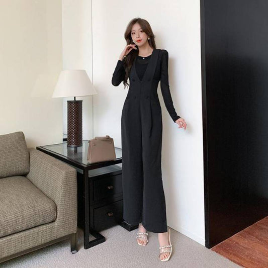 Fashionable Suspender Pants Fitted High Waist Wide-leg Suit Jumpsuit