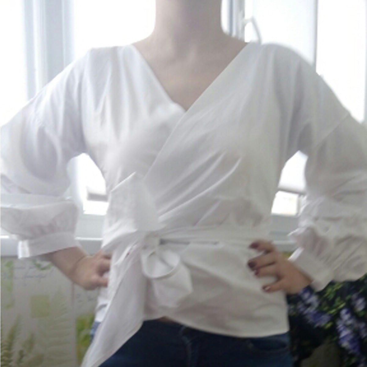 Fashionable V-neck Big Bow Decorated Shirt Top