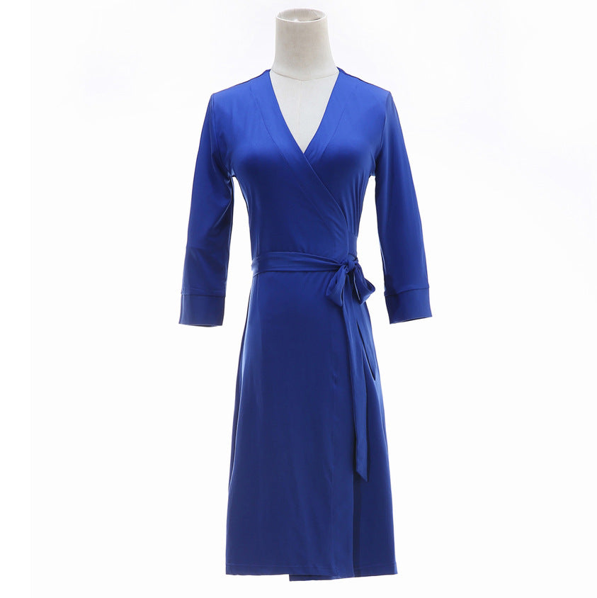 Dark Blue Temperament V-neck Lace-up Slimming And Short Slim Dress