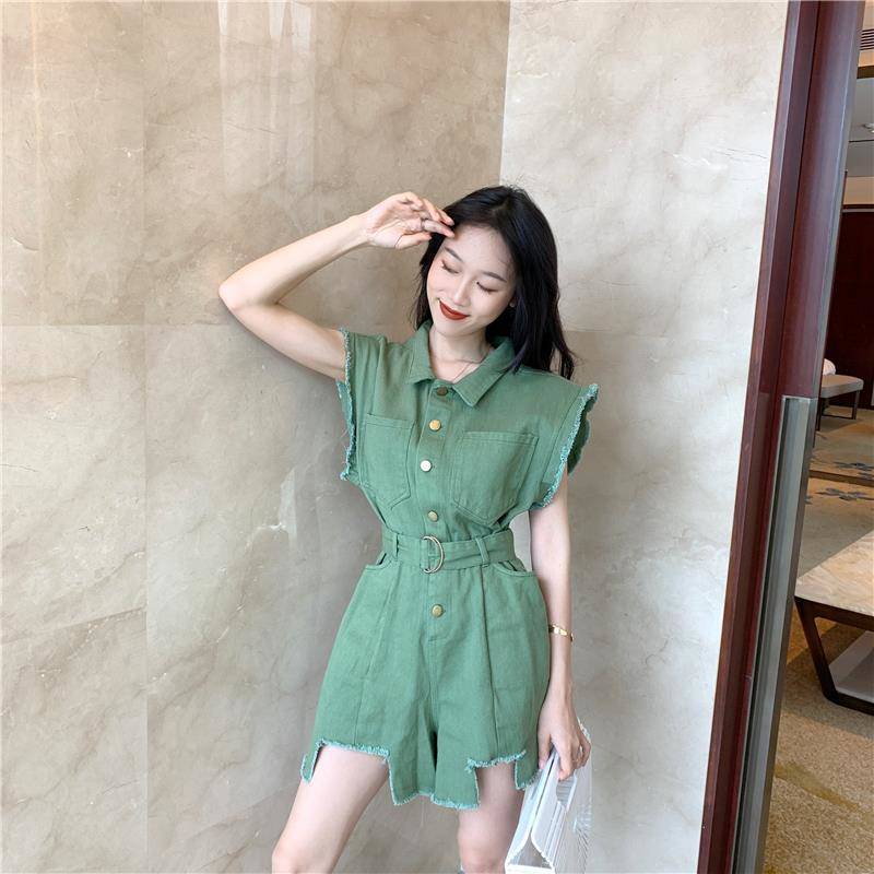 High Waist Washed Frayed Loose Waist Thinner Wide-leg Jumpsuit Women's Shorts Fashion Suit