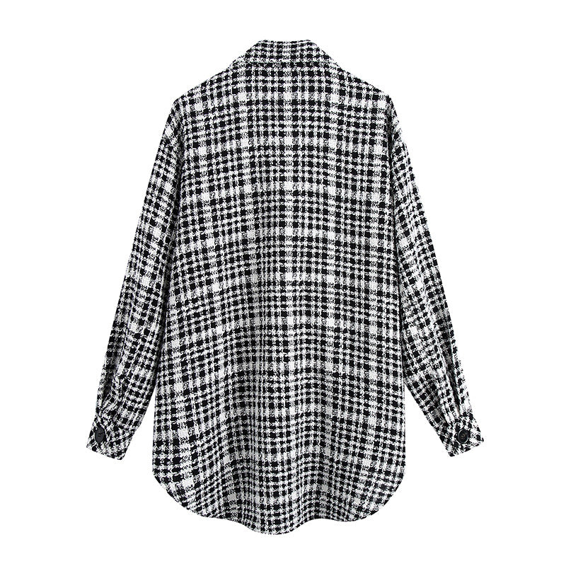 Autumn and winter European and American black and white plaid shirt coat women's autumn ins light mature wind top