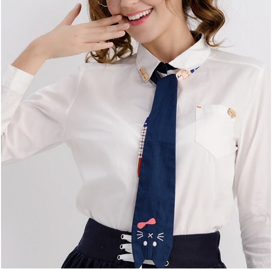 Cat Wood Button Tie Embroidered Long Sleeve Shirt