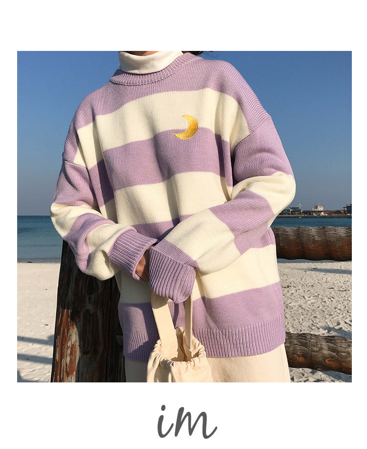 Color matching girl student wide striped knit