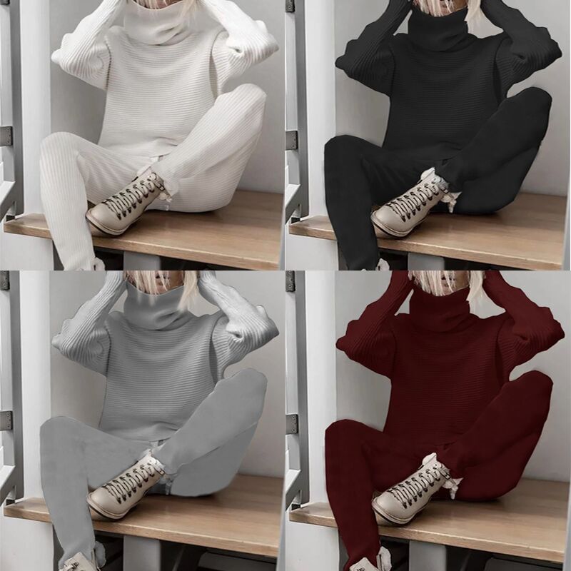 Solid Color Ladies Casual Two-piece Knitted Turtleneck