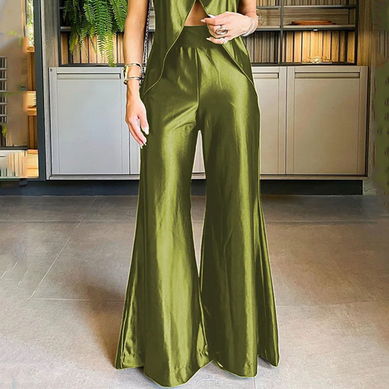 Solid Color Turtleneck Hollow-out Cinched Bell-bottom Pants Fashion Casual Set