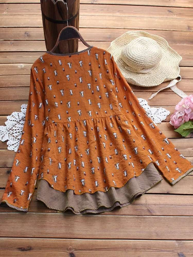 spring new explosion cotton and linen printed fake two-piece shirt S-5XL