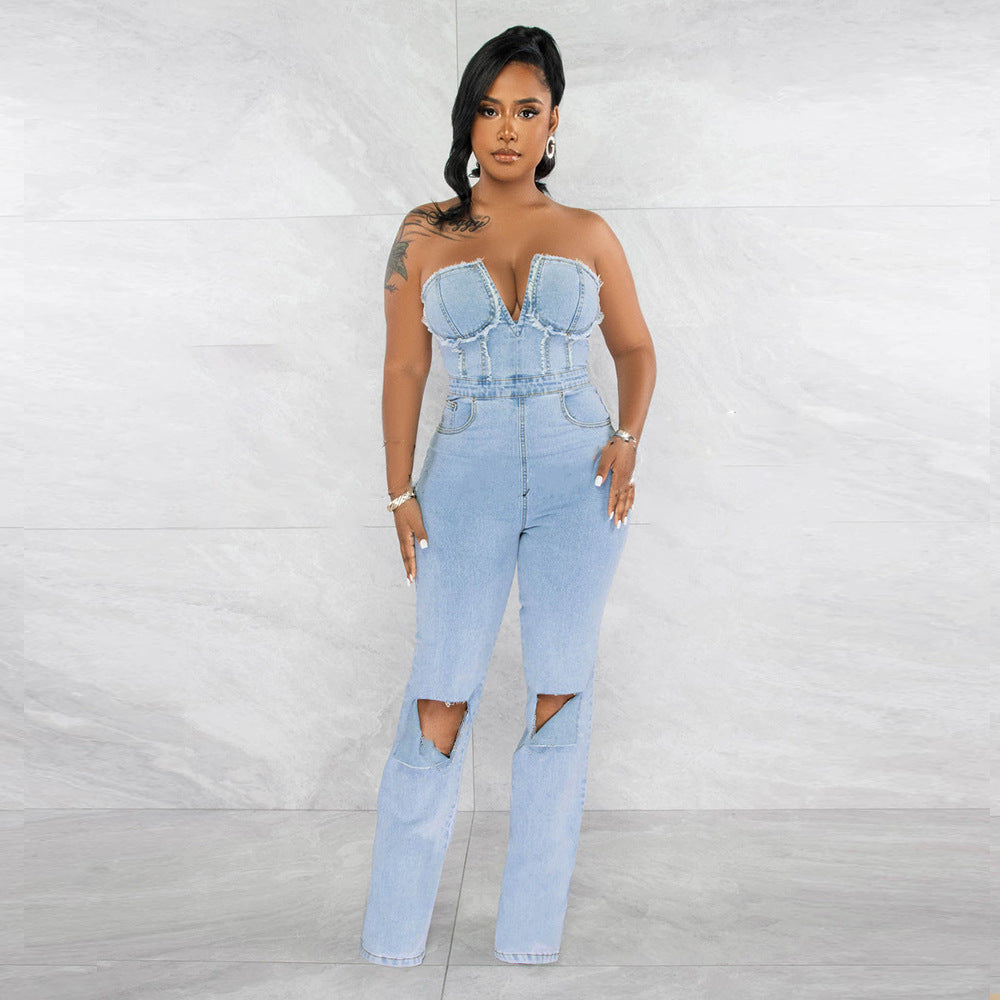 Damen-Jumpsuit aus Denim mit V-Ausschnitt und Loch-Reißverschlusstasche