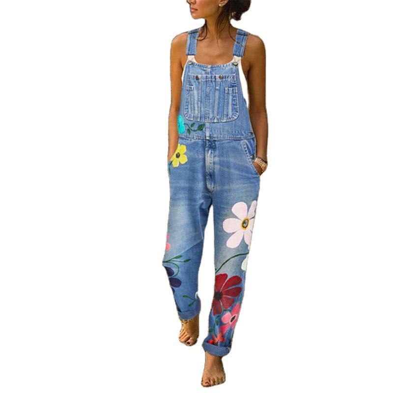 Floral Print Denim Overalls Long Trousers Jumpsuit With Pockets