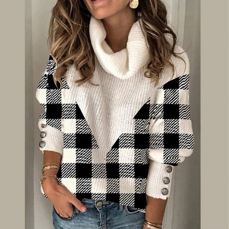 Europe and America Women's Plaid Lapel Knit Fashion Top