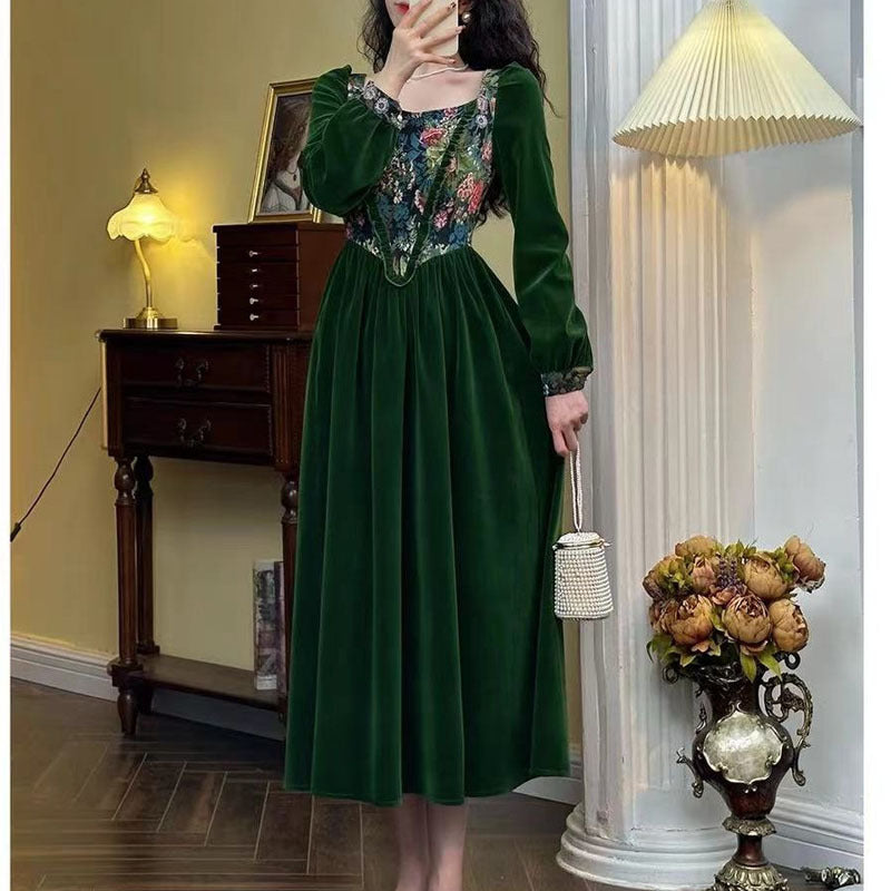 Green Velvet Jacquard Long Sleeve Retro Dress