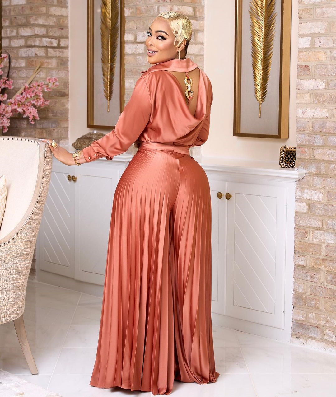 Temperament Slim Fit Backless Shirt Pleated Wide Leg Trousers Casual Suit