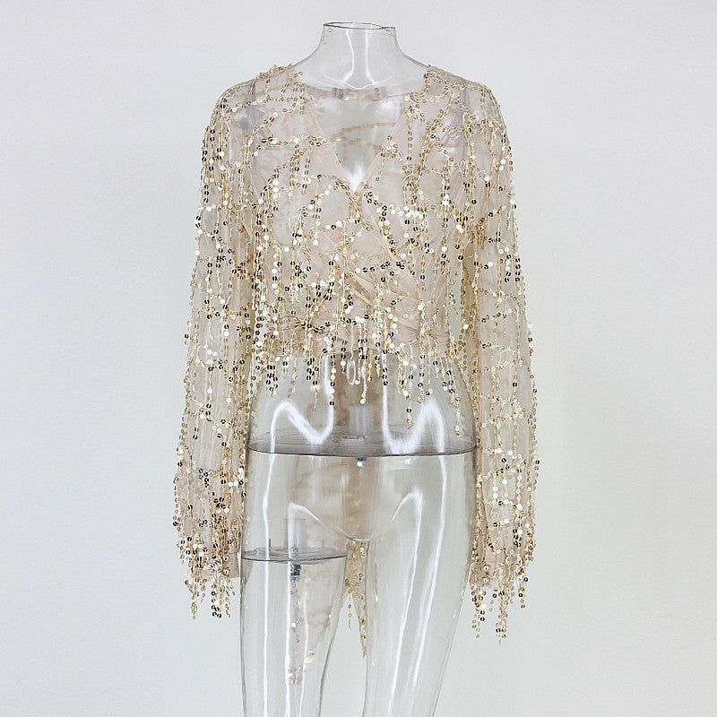 Fringed sequins nightclub party queen V-neck sexy long-sleeved shirt