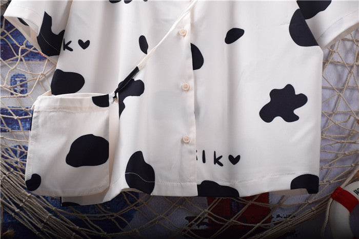 Childlike Cute Cow Letter Print Suit Collar Short Sleeve Chiffon Shirt Free Bag