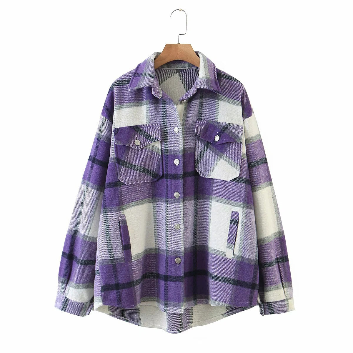 Casual Plaid Shirt Women Tweed Coat Buttons Pockets Female Jacket