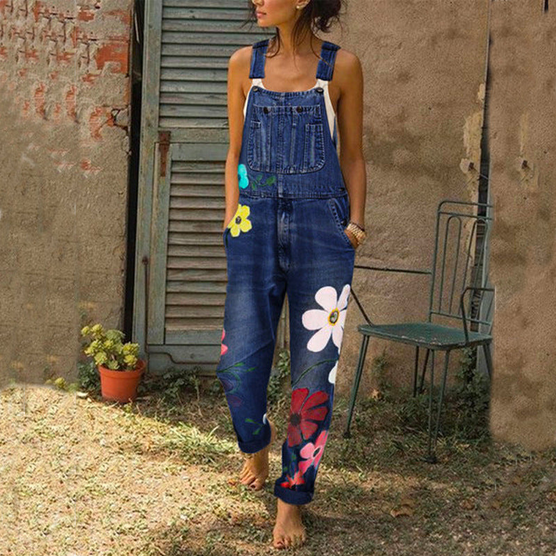 Denim-Overall mit Blumendruck, lange Hose, Overall mit Taschen