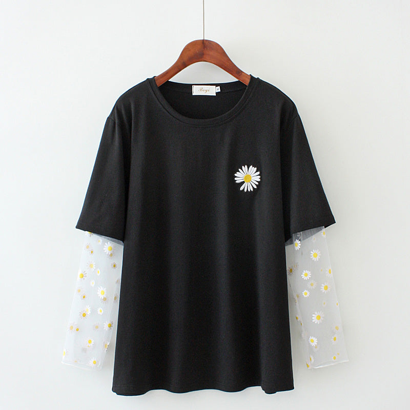 Embroidered mesh stitching top T-shirt