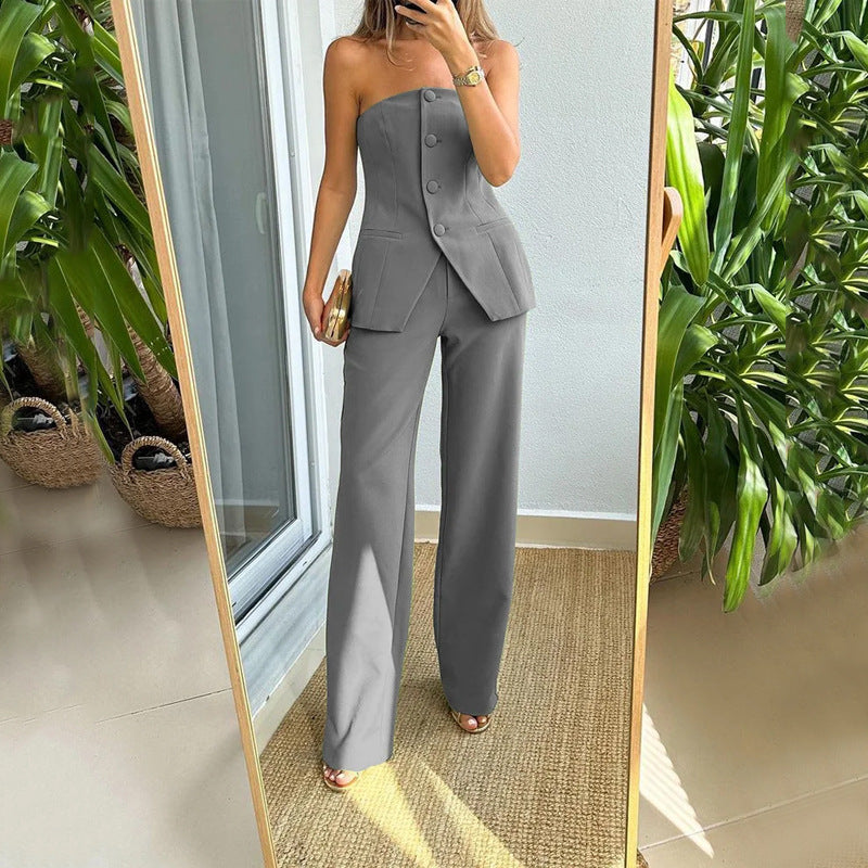 Pantalones de traje con top de tubo elegante con botones de traje a medida de moda informal