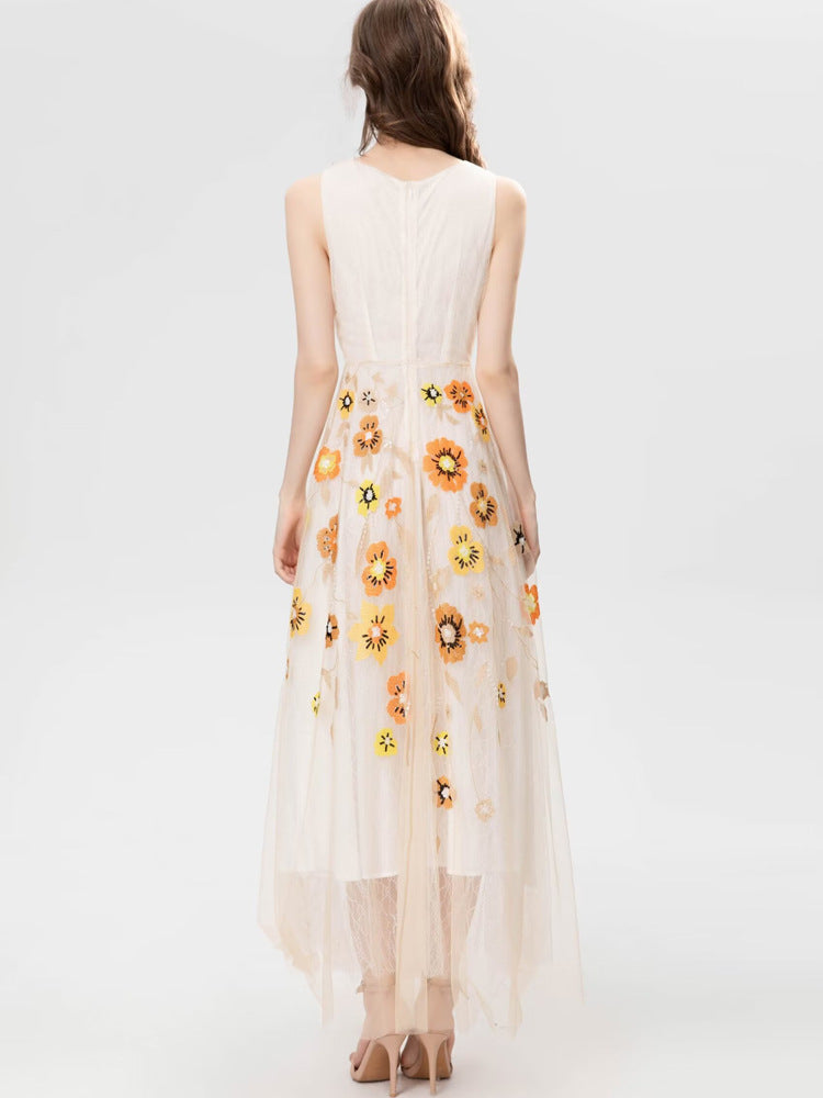 Exquisite Stickerei Blumen Pailletten Ärmelloses Apricot Swing Langes Kleid