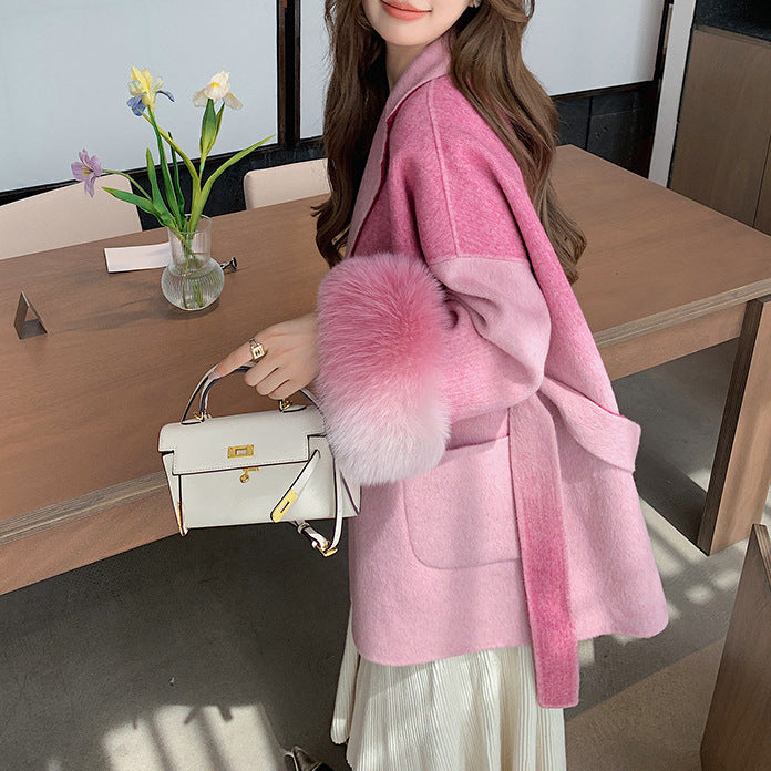 Gradient Color Fox Reversible Cashmere Woolen Coat