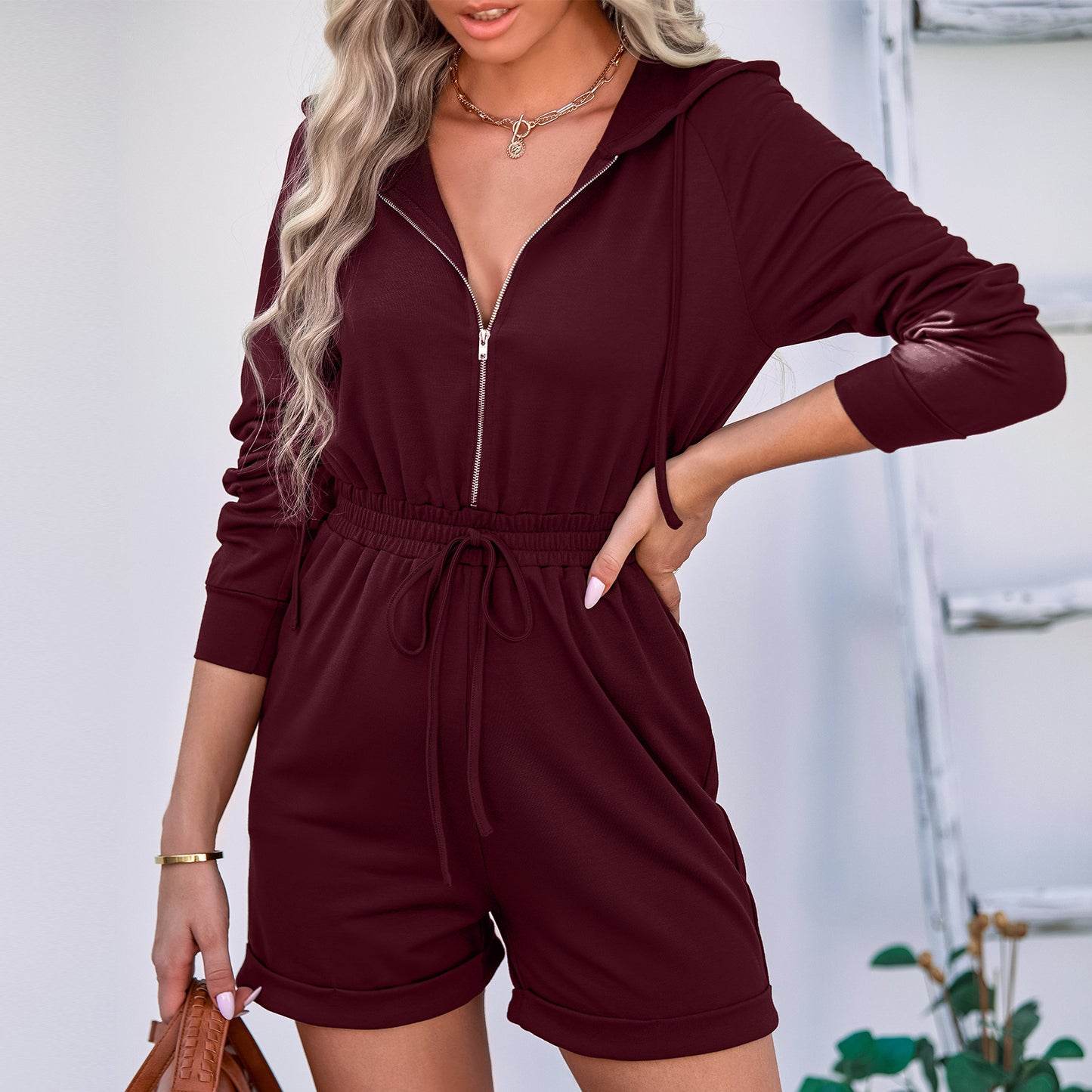 Women's Slim Fit Hooded Long-sleeve One-piece Shorts