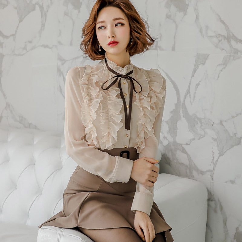 Women's Two Piece Stand Collar Lace Shirt Top Ruffle Skirt Suit