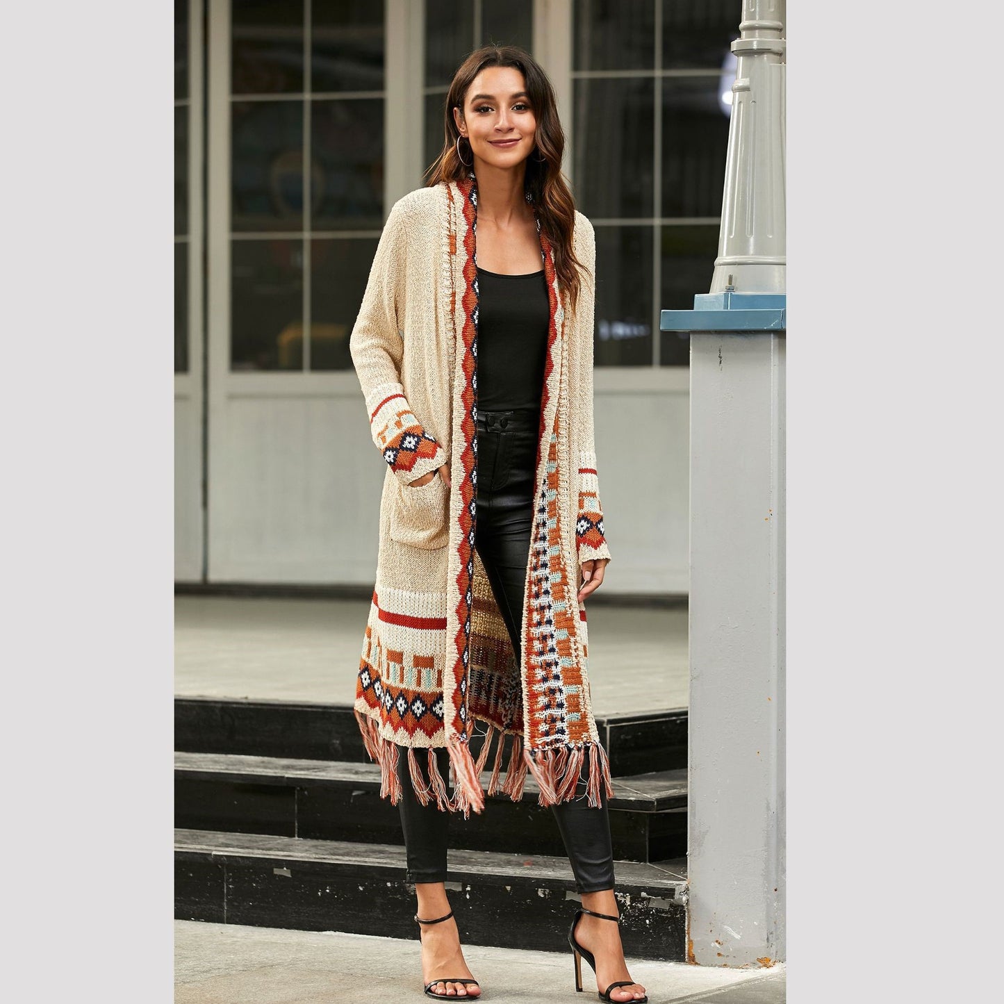 Ancient fringed cardigan jacket loose long sleeves lazy style