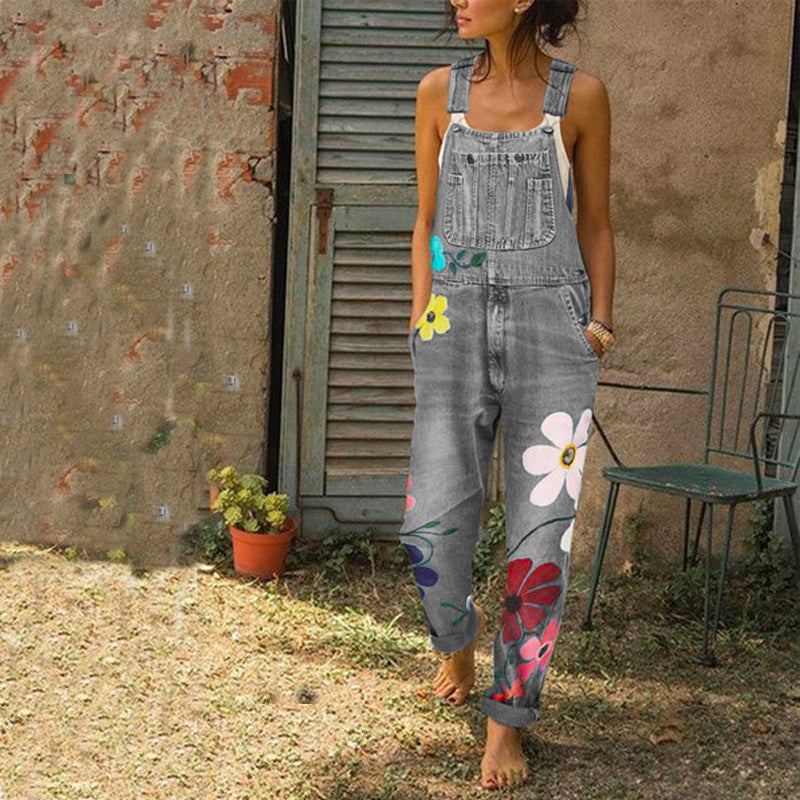 Denim-Overall mit Blumendruck, lange Hose, Overall mit Taschen