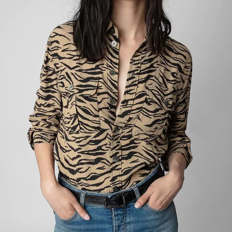 Französisches Frühherbst-Langarmshirt mit Tigermuster und Tasche für Damen