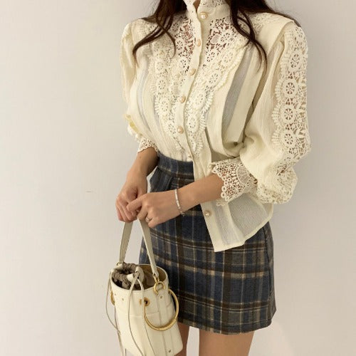 Sweet Stand Collar Long Lace Panel Long Sleeve Shirt Top