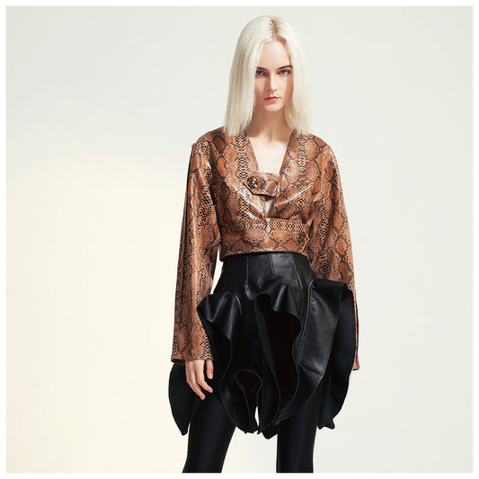 Snakeskin Pattern Pu Short Fashion Casual Short Coat Leather Jacket