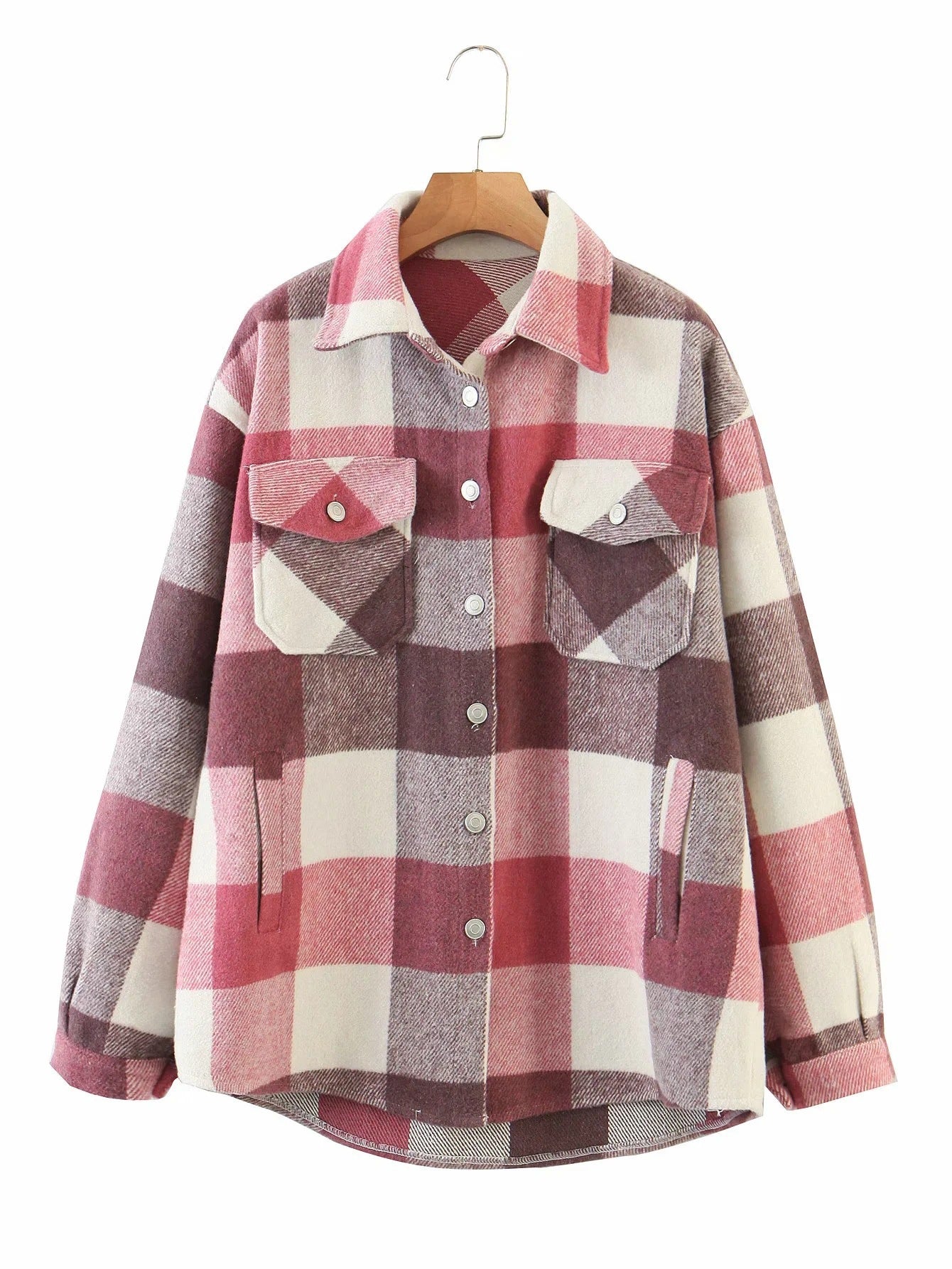 Casual Plaid Shirt Frauen Tweed Mantel Knöpfe Taschen Weibliche Jacke