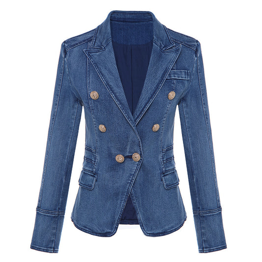 Zweireihiger Blazer aus waschbarem Denim mit Löwenschnalle