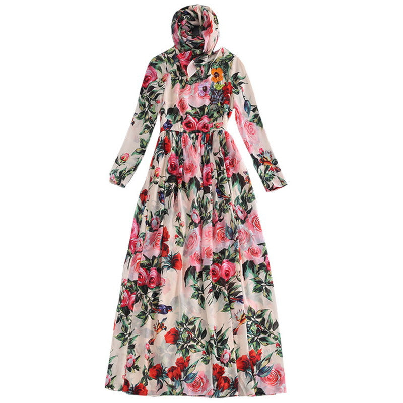 Sequined Rose Printed Chiffon Dress