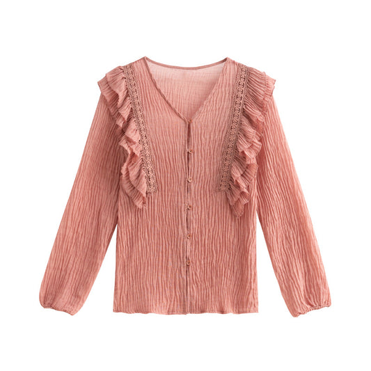 Chiffon Shirt Ruffled V-neck Loose Lace Shirt Women's Long-Sleeved Western-Style Blouse